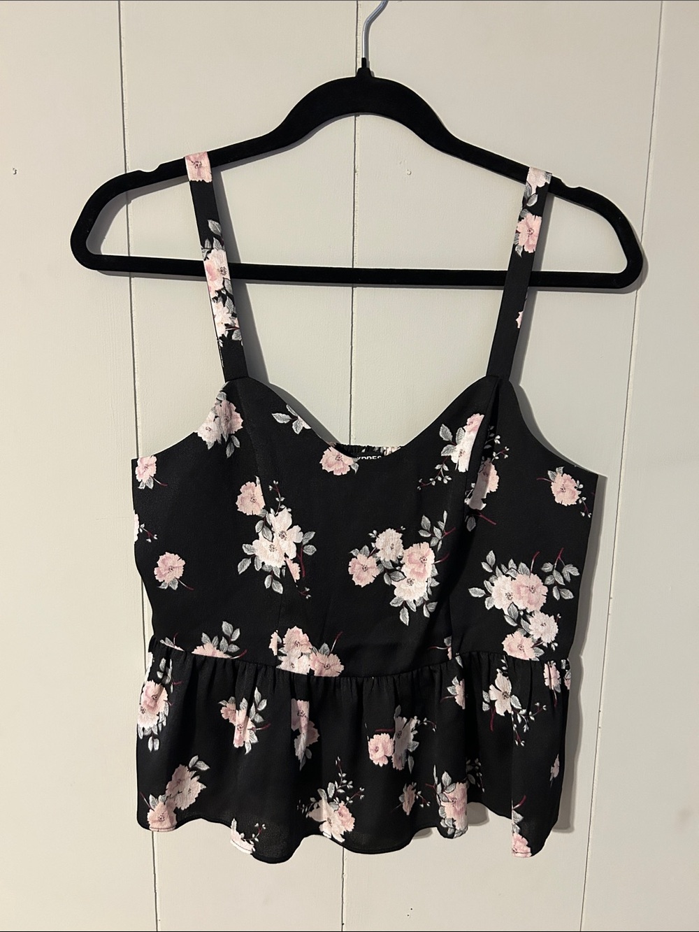 Express Black Floral Smocked-Back Cami with Pink Blooms